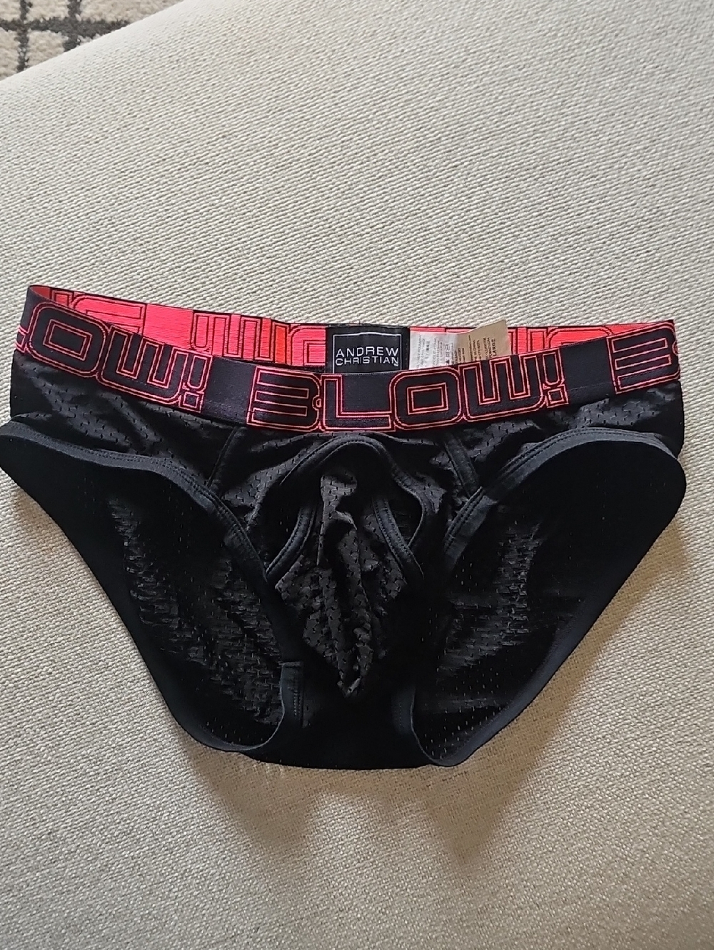 Andrew Christian Black Mesh Brief with Pink-Red Waistband
